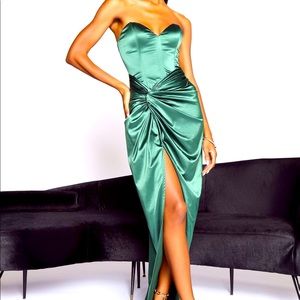 Fashion Nova Right Next Door Satin Maxi Dress- Hunter Green